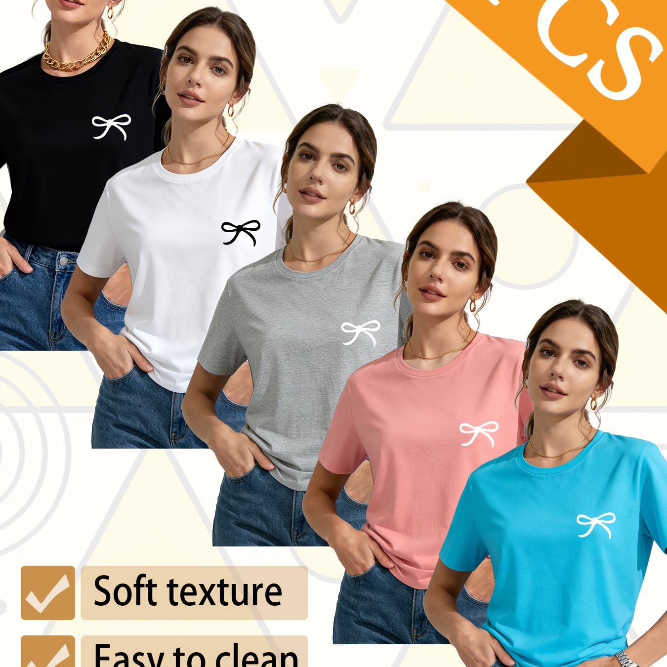 Set of 5 Trendy Women'S T-Shirts Suitable for All Seasons, Featuring Colorful Short Sleeves And a Playful Small Logo with a Bow. This Pack of Casual Tees, Made from 100% Pure