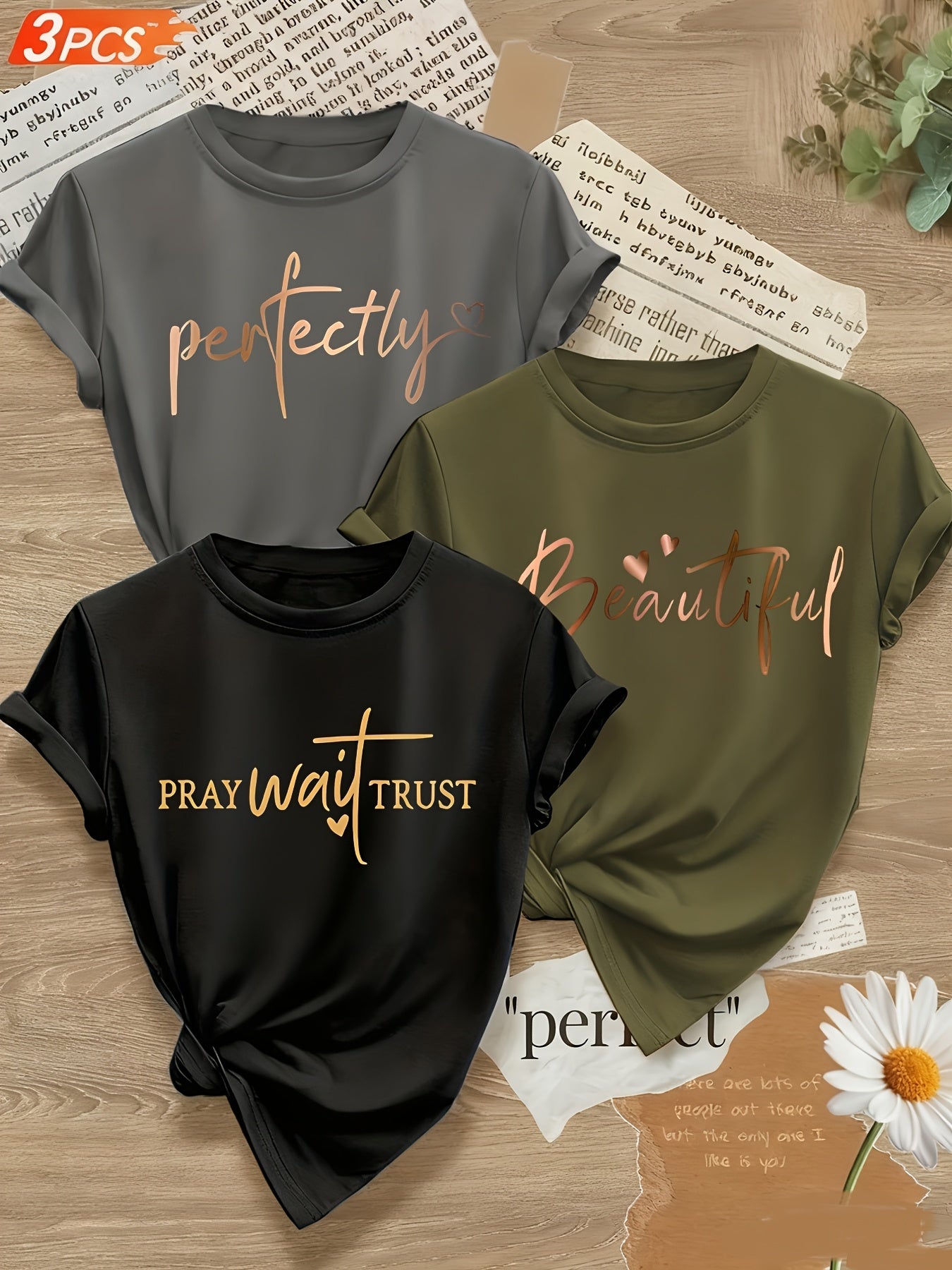 Alphabet Print Womens T Shirts Crew Neck Three Piece Set