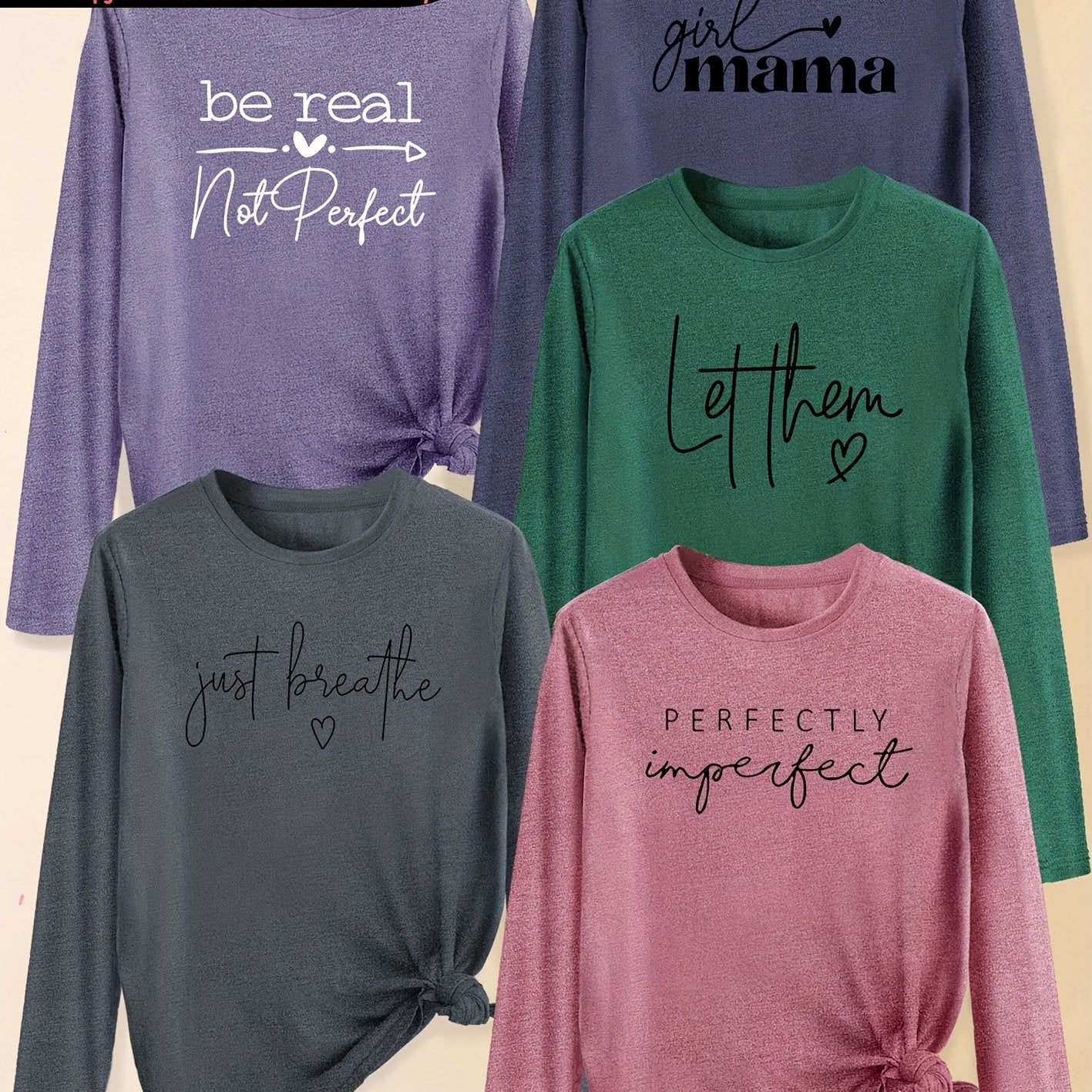 A Set of Five Women'S Long-Sleeve T-Shirts with Heart Letters, Featuring Slogan Prints And a Round Neck, Suitable for Spring, Summer, Autumn, And Winter. This Stylish And Versatile Top Is Perfect for Casual, Elegant, And Retr