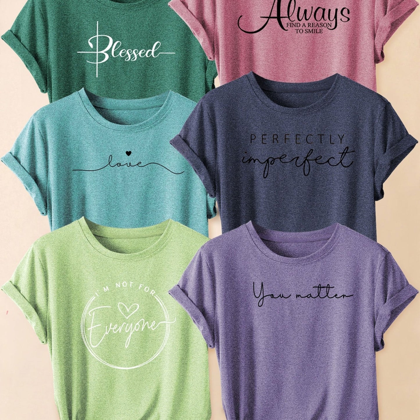 Set of 6 Women'S Short-Sleeve T-Shirts: Blessed, Always, Love, Perfectly Imperfect, I'M Not for Everyone, You Matter Print | Fashionable for Commuting, Vacations, Or Everyday Wear, Versatile Casual Tee | Machine Washable, Sui