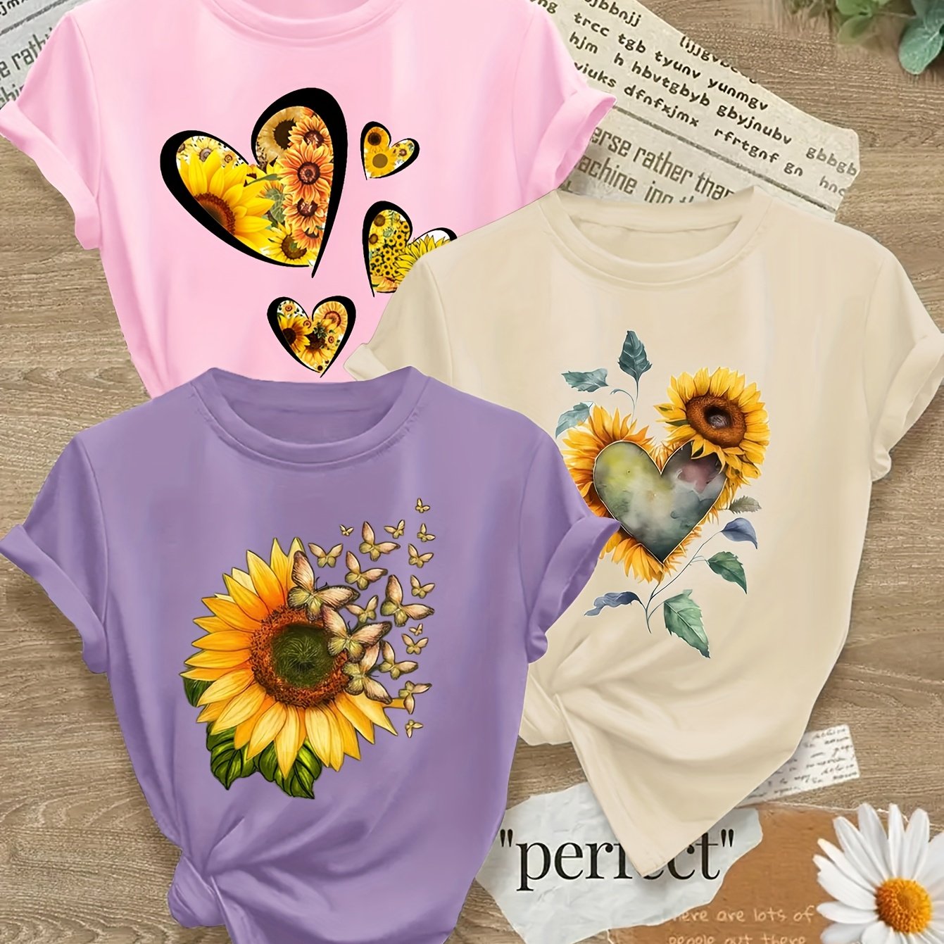 Sunflower Print Crew Neck Women T Shirt All Season Stretch Knit