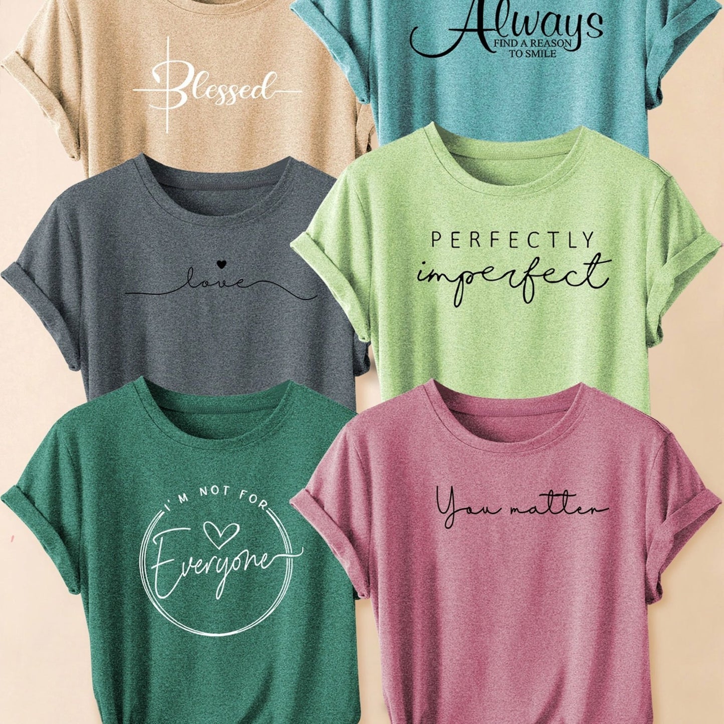 Set of 6 Women'S Short-Sleeve T-Shirts: Blessed, Always, Love, Perfectly Imperfect, I'M Not for Everyone, You Matter Print | Fashionable for Commuting, Vacations, Or Everyday Wear, Versatile Casual Tee | Machine Washable, Sui